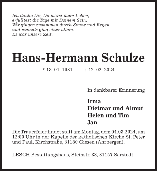 Traueranzeige von Hans-Hermann Schulze von Hildesheimer Allgemeine Zeitung