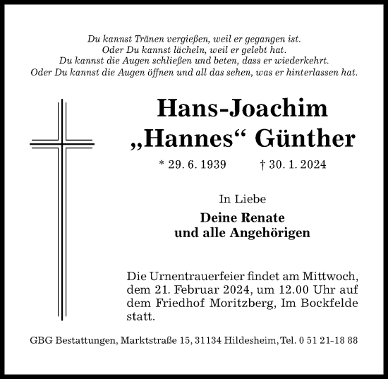 Traueranzeige von Hans-Joachim Günther von Hildesheimer Allgemeine Zeitung