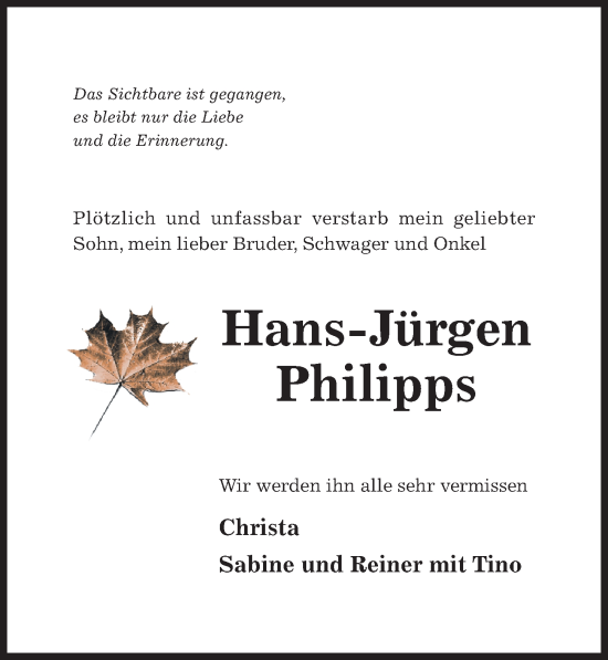 Traueranzeige von Hans-Jürgen Philipps von Hildesheimer Allgemeine Zeitung