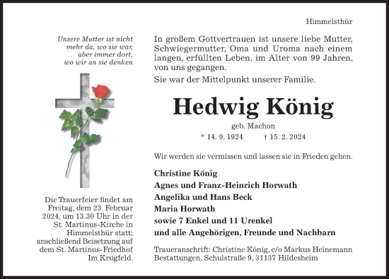Traueranzeige von Hedwig König von Hildesheimer Allgemeine Zeitung