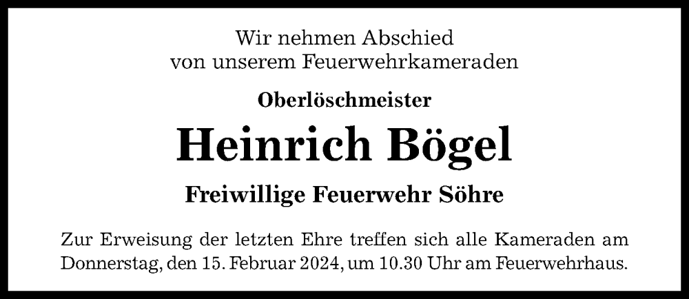  Traueranzeige für Heinrich Bögel vom 07.02.2024 aus Hildesheimer Allgemeine Zeitung