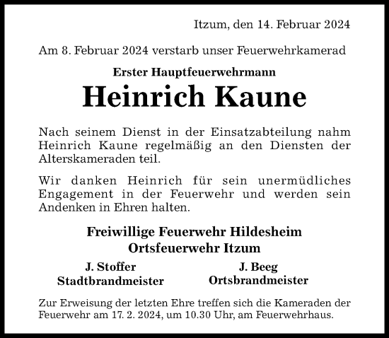 Traueranzeige von Heinrich Kaune von Hildesheimer Allgemeine Zeitung