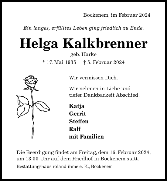 Traueranzeige von Helga Kalkbrenner von Hildesheimer Allgemeine Zeitung