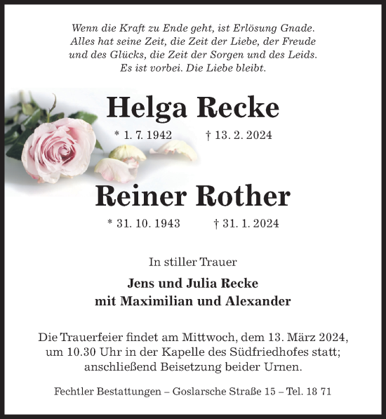 Traueranzeige von Helga Recke von Hildesheimer Allgemeine Zeitung