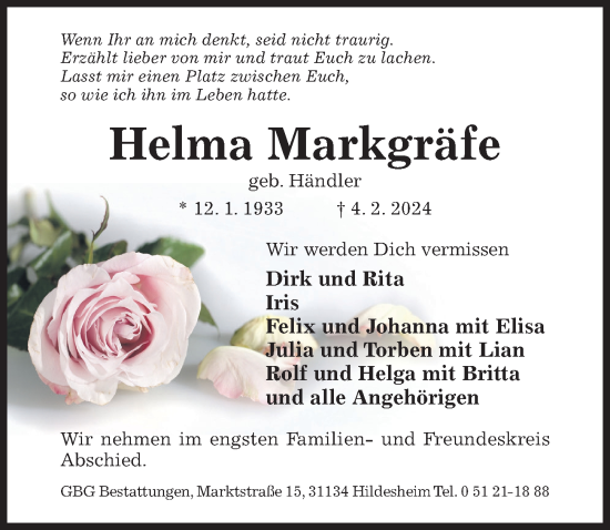 Traueranzeige von Helma Markgräfe von Hildesheimer Allgemeine Zeitung