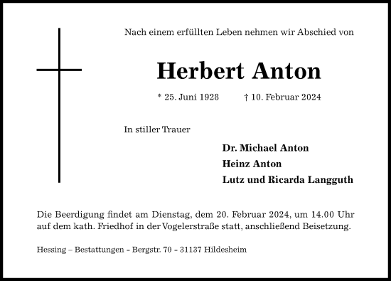 Traueranzeige von Herbert Anton von Hildesheimer Allgemeine Zeitung