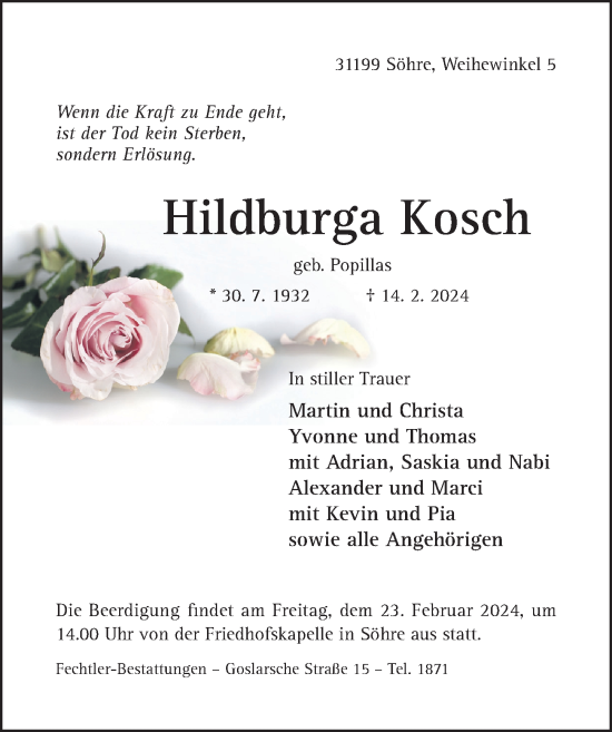 Traueranzeige von Hildburga Kosch von Hildesheimer Allgemeine Zeitung