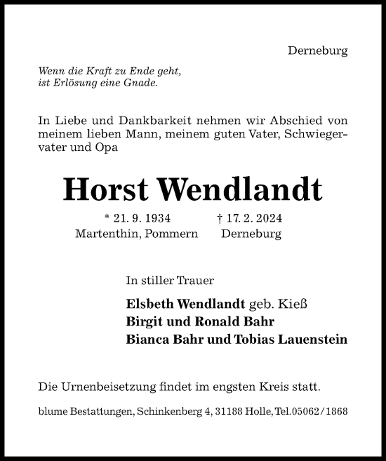 Traueranzeige von Horst Wendlandt von Hildesheimer Allgemeine Zeitung