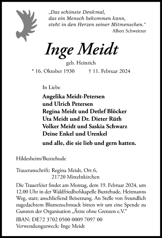 Traueranzeige von Inge Meidt von Hildesheimer Allgemeine Zeitung