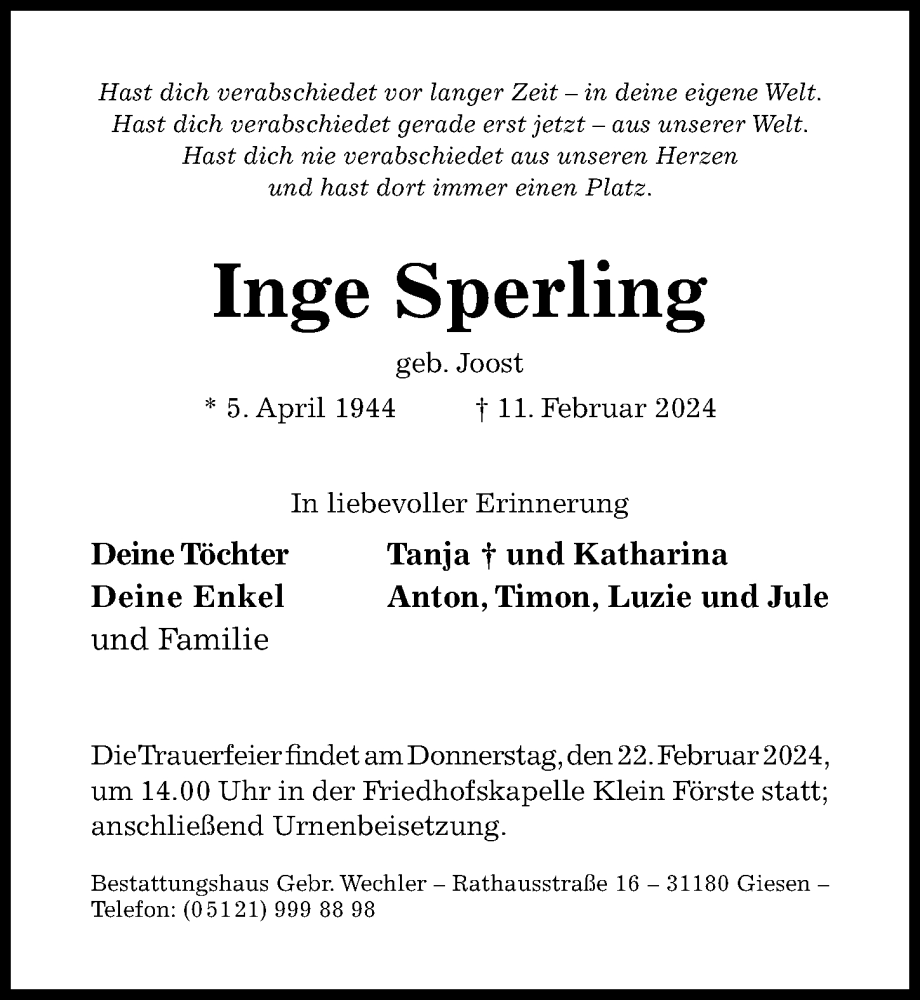  Traueranzeige für Inge Sperling vom 17.02.2024 aus Hildesheimer Allgemeine Zeitung