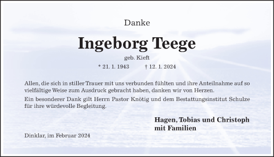 Traueranzeige von Ingeborg Teege von Hildesheimer Allgemeine Zeitung