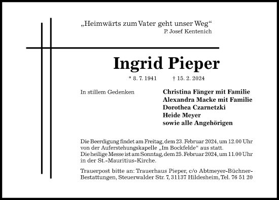 Traueranzeige von Ingrid Pieper von Hildesheimer Allgemeine Zeitung