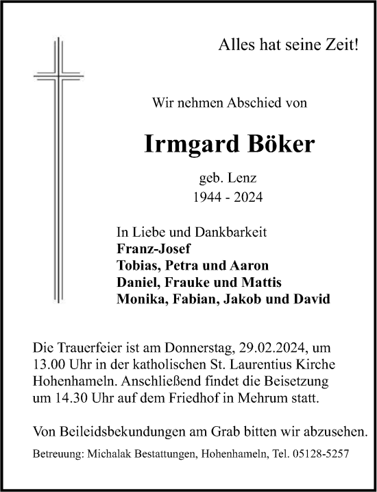 Traueranzeige von Irmgard Böker von Hildesheimer Allgemeine Zeitung