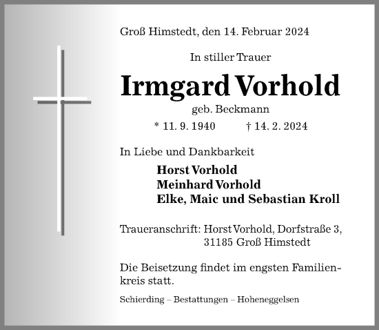 Traueranzeige von Irmgard Vorhold von Hildesheimer Allgemeine Zeitung