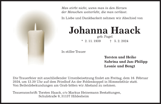 Traueranzeige von Johanna Haack von Hildesheimer Allgemeine Zeitung