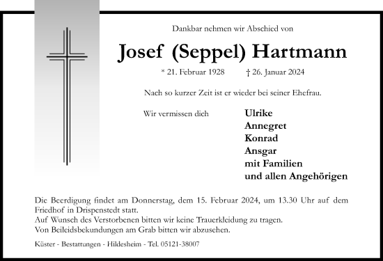 Traueranzeige von Josef Hartmann von Hildesheimer Allgemeine Zeitung