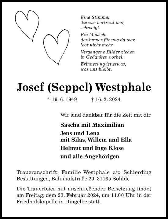 Traueranzeige von Josef Westphale von Hildesheimer Allgemeine Zeitung