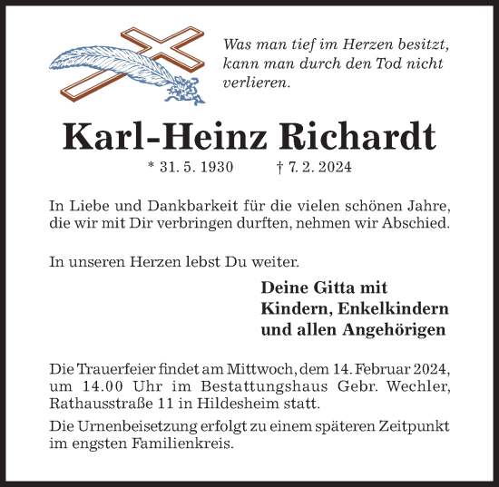 Traueranzeige von Karl-Heinz Richardt von Hildesheimer Allgemeine Zeitung