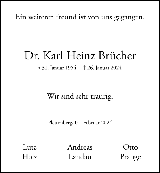 Traueranzeige von Karl Heinz Brücher von Hildesheimer Allgemeine Zeitung