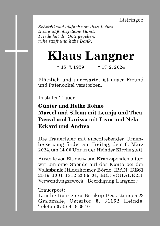 Traueranzeige von Klaus Langner von Hildesheimer Allgemeine Zeitung