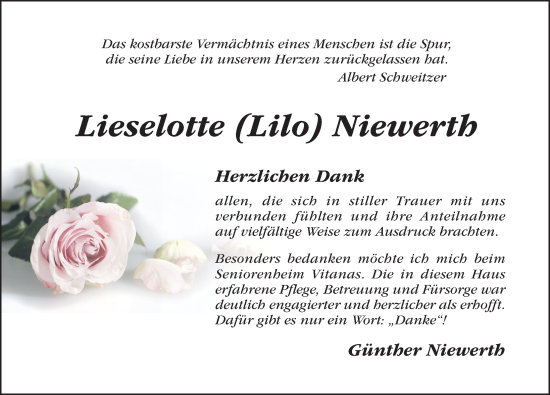 Traueranzeige von Lieselotte Niewerth von Hildesheimer Allgemeine Zeitung