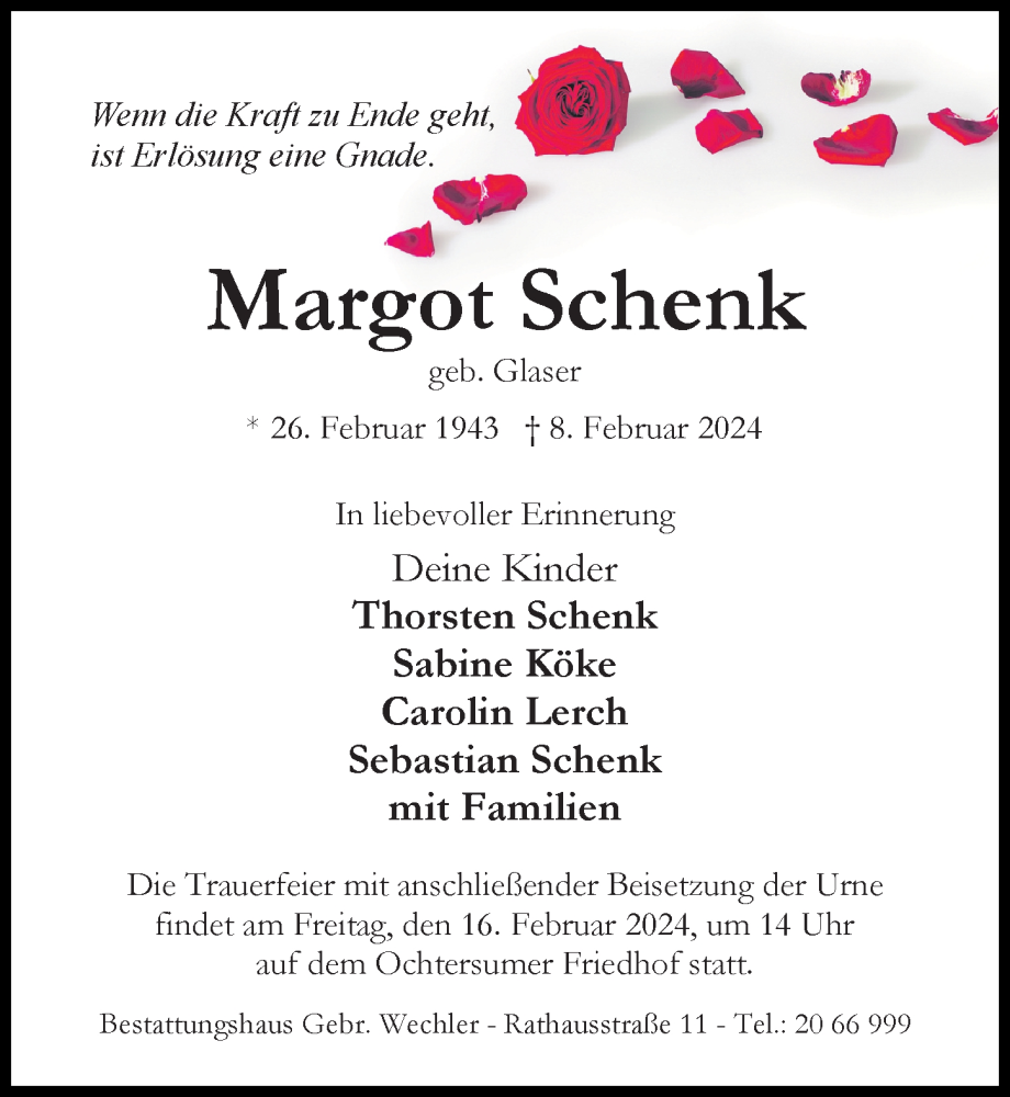  Traueranzeige für Margot Schenk vom 10.02.2024 aus Hildesheimer Allgemeine Zeitung