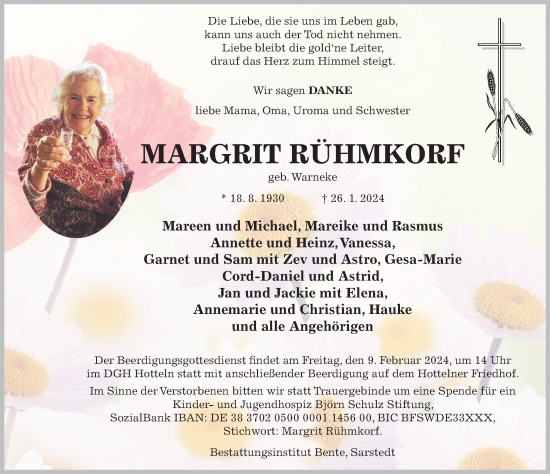 Traueranzeige von Margrit Rühmkorf von Hildesheimer Allgemeine Zeitung