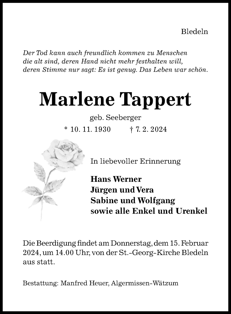  Traueranzeige für Marlene Tappert vom 10.02.2024 aus Hildesheimer Allgemeine Zeitung