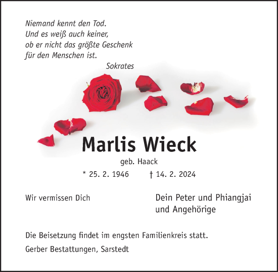Traueranzeige von Marlis Wieck von Hildesheimer Allgemeine Zeitung