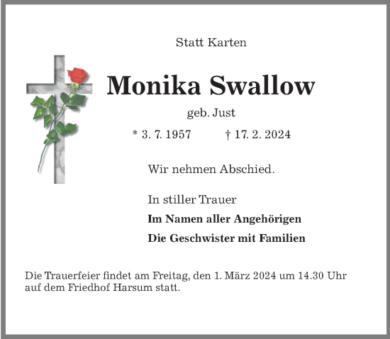Traueranzeige von Monika Swallow von Hildesheimer Allgemeine Zeitung