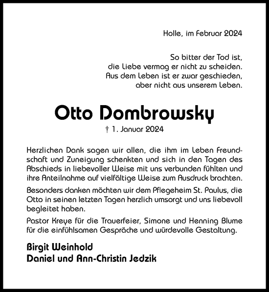 Traueranzeige von Otto Dombrowsky von Hildesheimer Allgemeine Zeitung