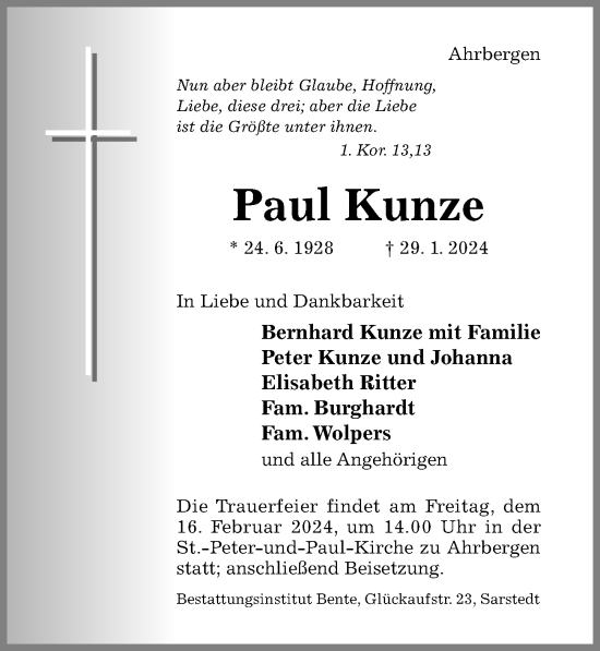 Traueranzeige von Paul Kunze von Hildesheimer Allgemeine Zeitung