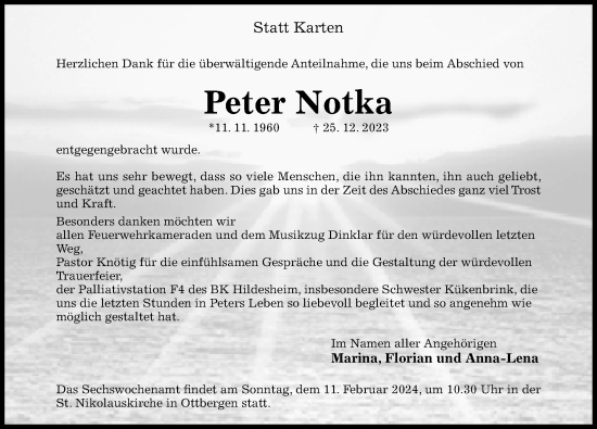 Traueranzeige von Peter Notka von Hildesheimer Allgemeine Zeitung