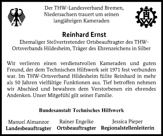 Traueranzeige von Reinhard Ernst von Hildesheimer Allgemeine Zeitung