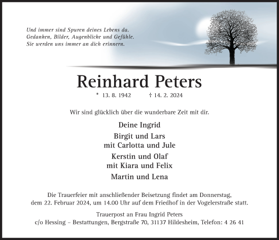 Traueranzeige von Reinhard Peters von Hildesheimer Allgemeine Zeitung