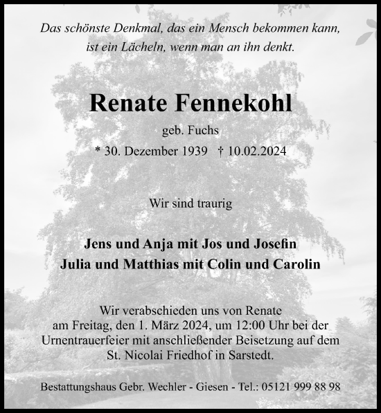 Traueranzeige von Renate Fennekohl von Hildesheimer Allgemeine Zeitung