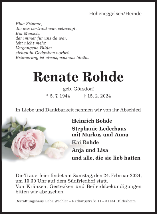 Traueranzeige von Renate Rohde von Hildesheimer Allgemeine Zeitung