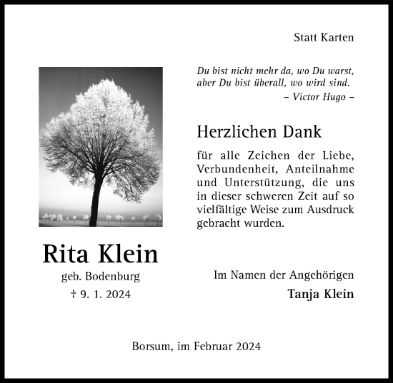 Traueranzeige von Rita Klein von Hildesheimer Allgemeine Zeitung