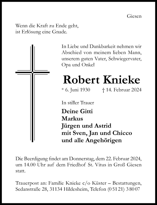 Traueranzeige von Robert Knieke von Hildesheimer Allgemeine Zeitung