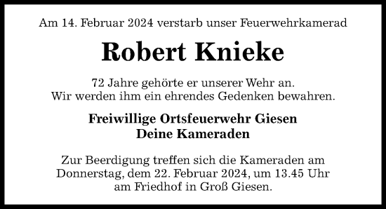 Traueranzeige von Robert Knieke von Hildesheimer Allgemeine Zeitung