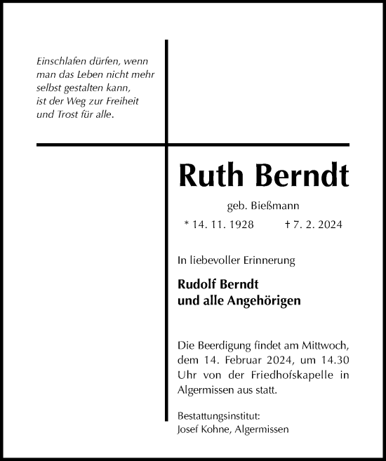 Traueranzeige von Ruth Berndt von Hildesheimer Allgemeine Zeitung