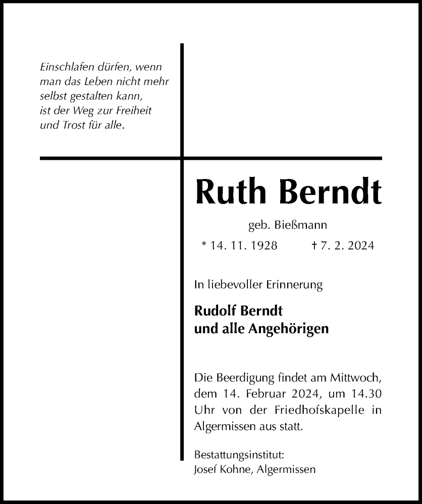  Traueranzeige für Ruth Berndt vom 12.02.2024 aus Hildesheimer Allgemeine Zeitung