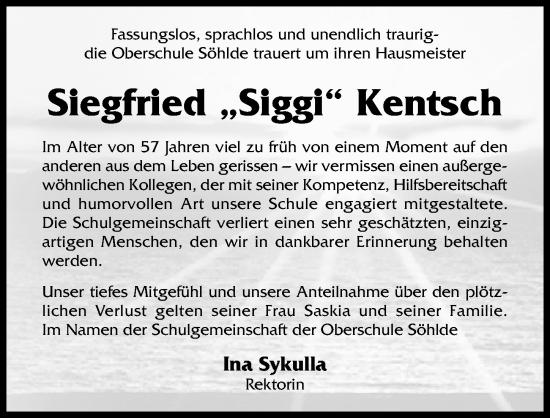 Traueranzeige von Siegfried Kentsch von Hildesheimer Allgemeine Zeitung