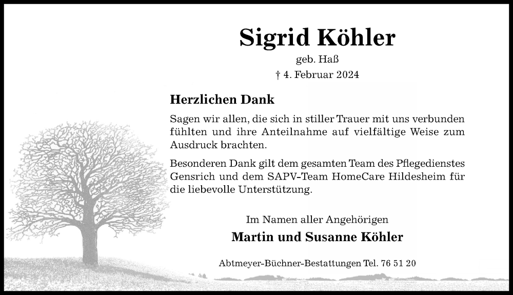  Traueranzeige für Sigrid Köhler vom 28.02.2024 aus Hildesheimer Allgemeine Zeitung