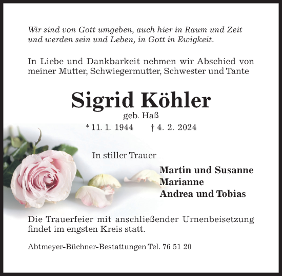 Traueranzeige von Sigrid Köhler von Hildesheimer Allgemeine Zeitung