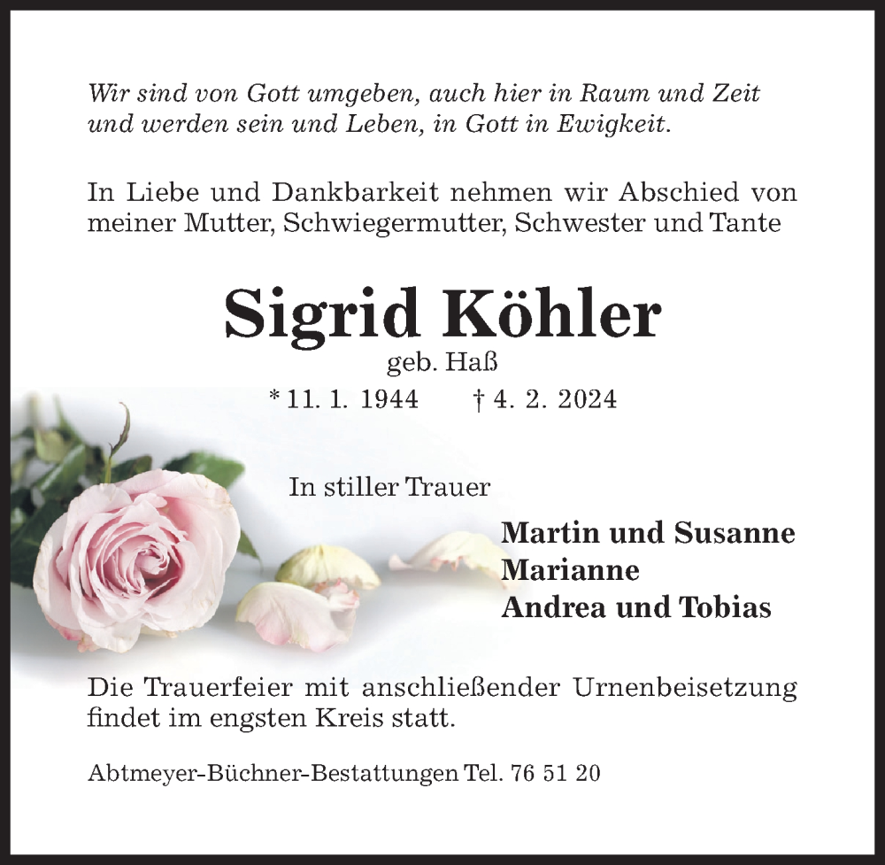  Traueranzeige für Sigrid Köhler vom 07.02.2024 aus Hildesheimer Allgemeine Zeitung