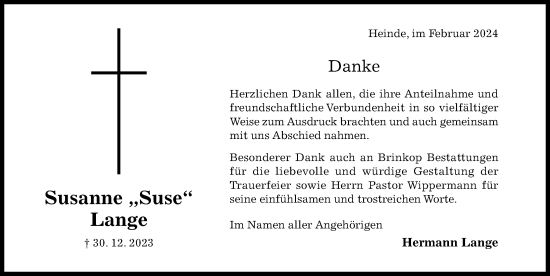 Traueranzeige von Susanne Lange von Hildesheimer Allgemeine Zeitung