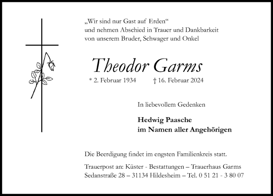 Traueranzeige von Theodor Garms von Hildesheimer Allgemeine Zeitung