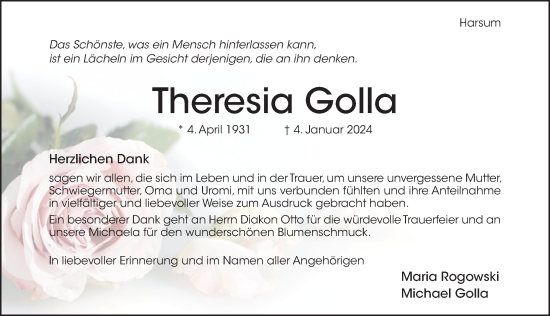 Traueranzeige von Theresia Golla von Hildesheimer Allgemeine Zeitung