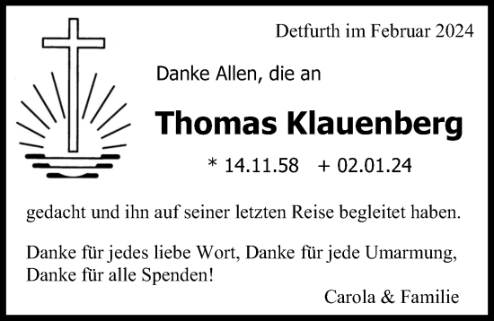 Traueranzeige von Thomas Klauenberg von Hildesheimer Allgemeine Zeitung